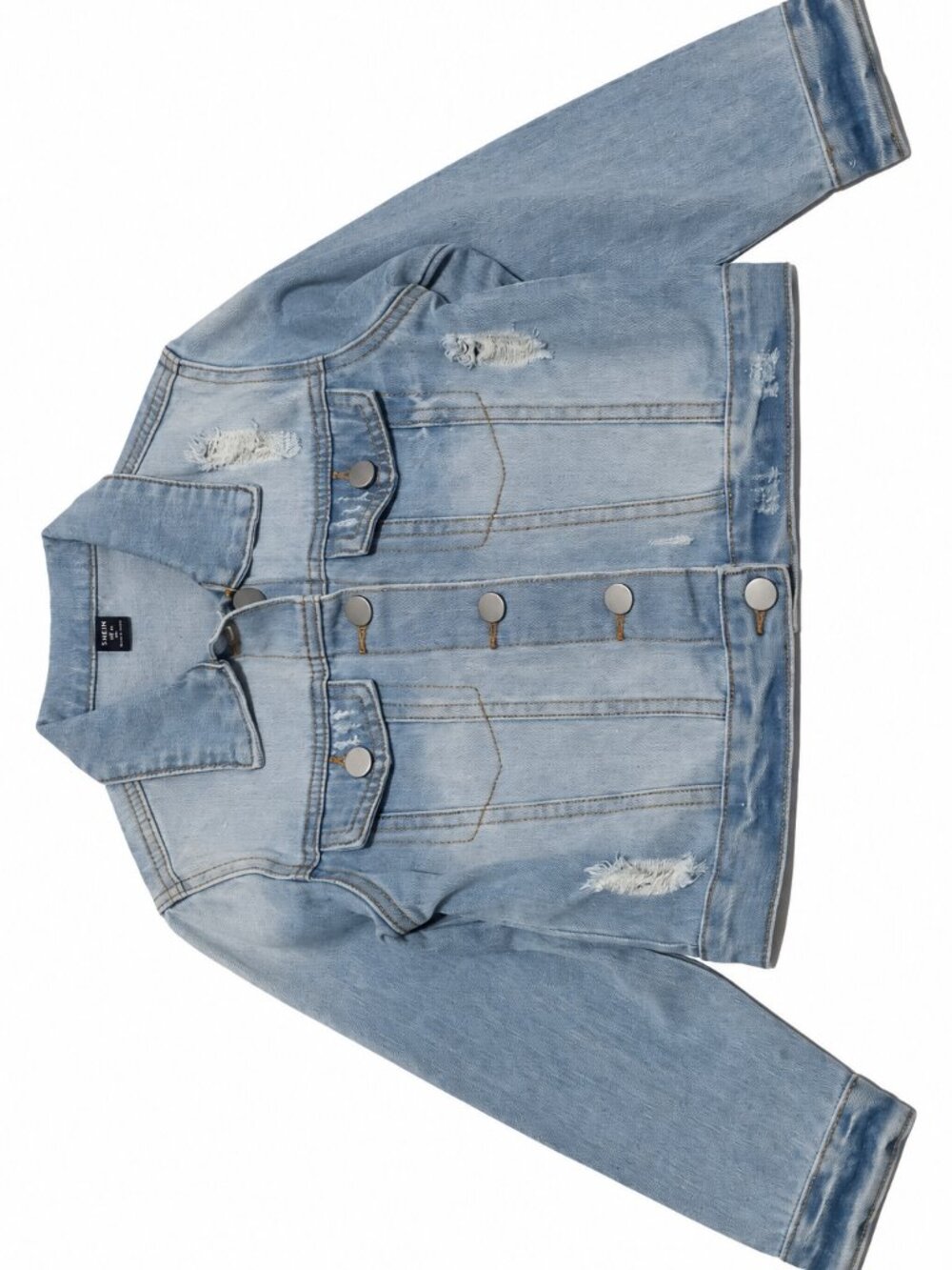 SHEIN Girls Denim Jacket Size 7Y Light Wash Distressed Rainbow Heart Patches